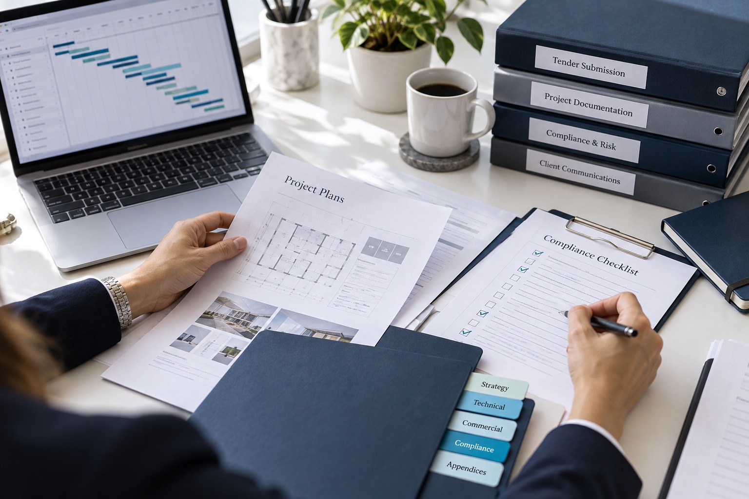 Tender documents, project plans and a compliance checklist being reviewed