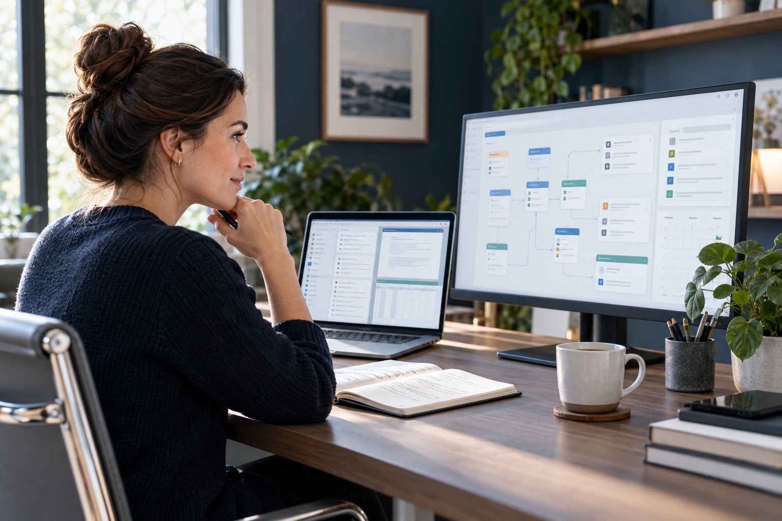 Freelancer reviewing a human-controlled digital workflow on a large screen